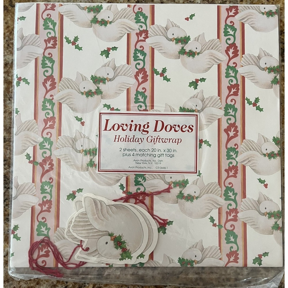 VTG Avon Holiday Wrapping‎ Paper. Loving Doves! Holly & 4 Gift Tags! NOS